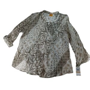 NWT-Ruby Rd Woman 3X Boho Patchwork Print Pleated V Neck‎ Button Front Tunic Top